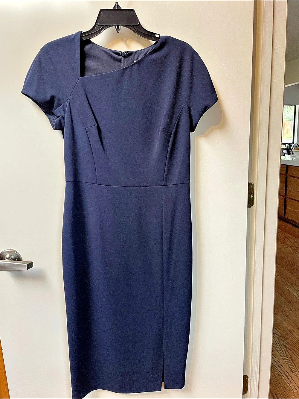 Maggy London Asymmetric Neck Sheath Midi Dress Blue Size 8